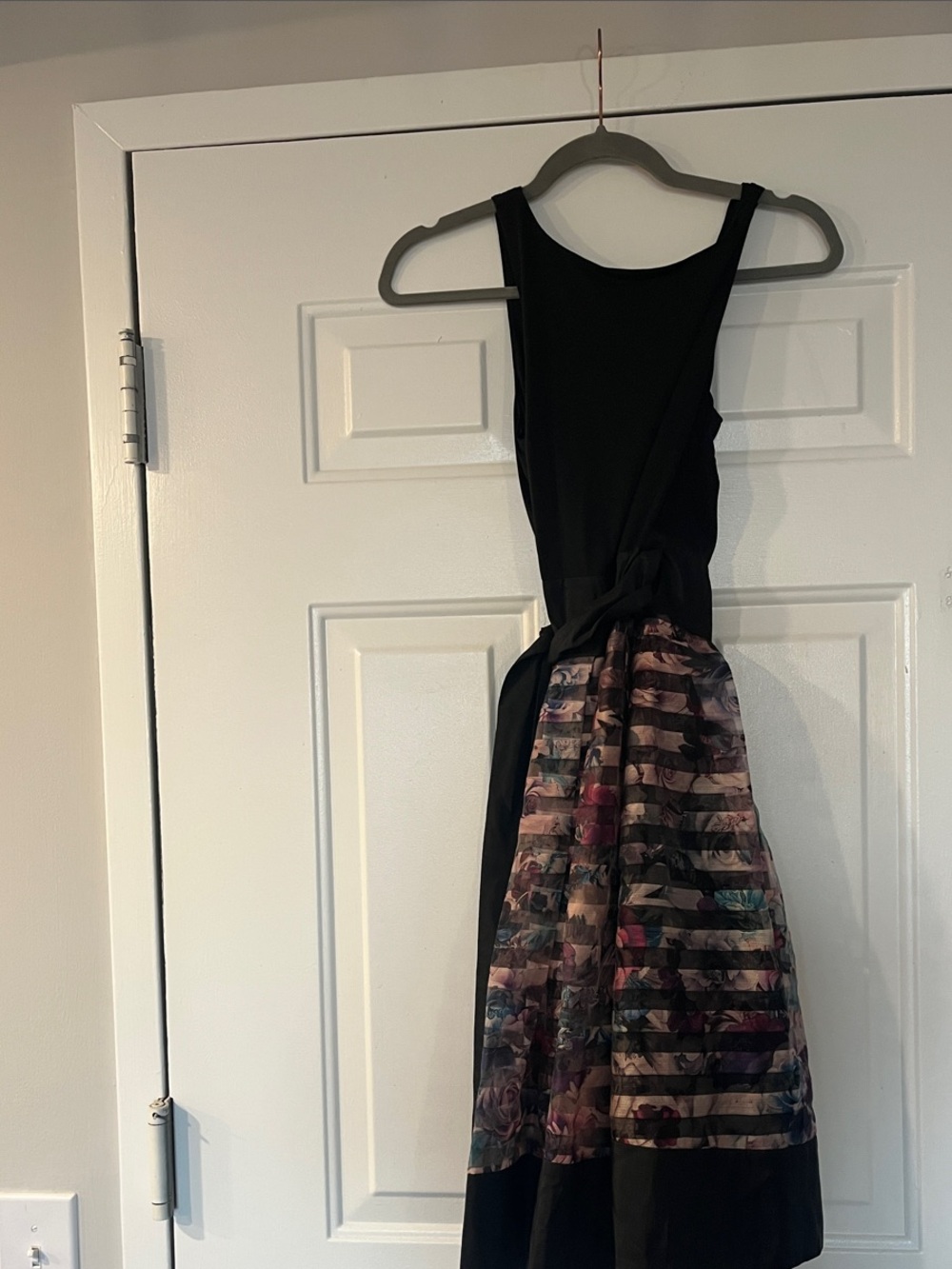 Black Sleeveless Dress with Floral Striped Skirt